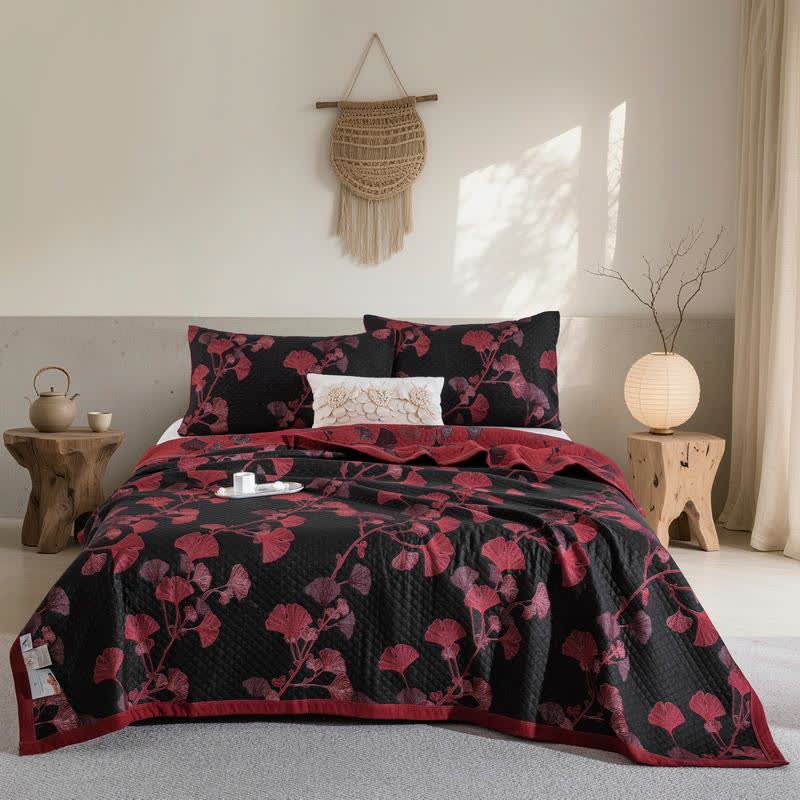 Ownkoti Orange Ginkgo Leaf Cotton Reversible Quilt - Black & Red - Quilt with 2pcs Pillowcases - King - image 13