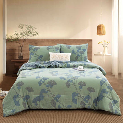 Ownkoti Ginkgo Leaf Cotton Gauze Reversible Bedding  - Quilt with 2pcs Pillowcases - Green - King - image 0