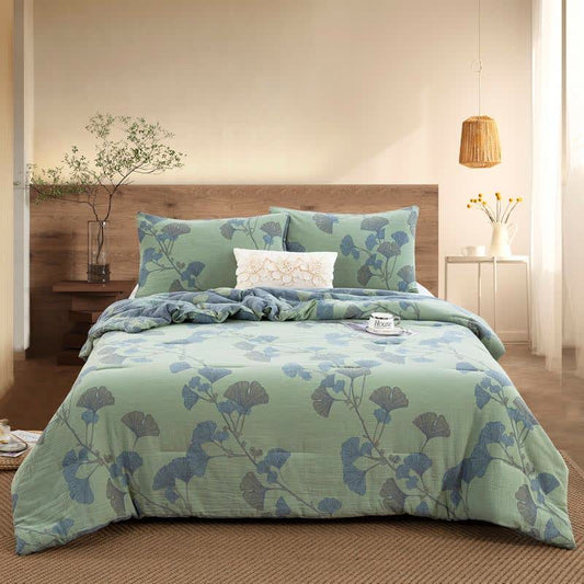 Ownkoti Ginkgo Leaf Cotton Gauze Reversible Bedding  - Quilt with 2pcs Pillowcases - Green - King - image 0