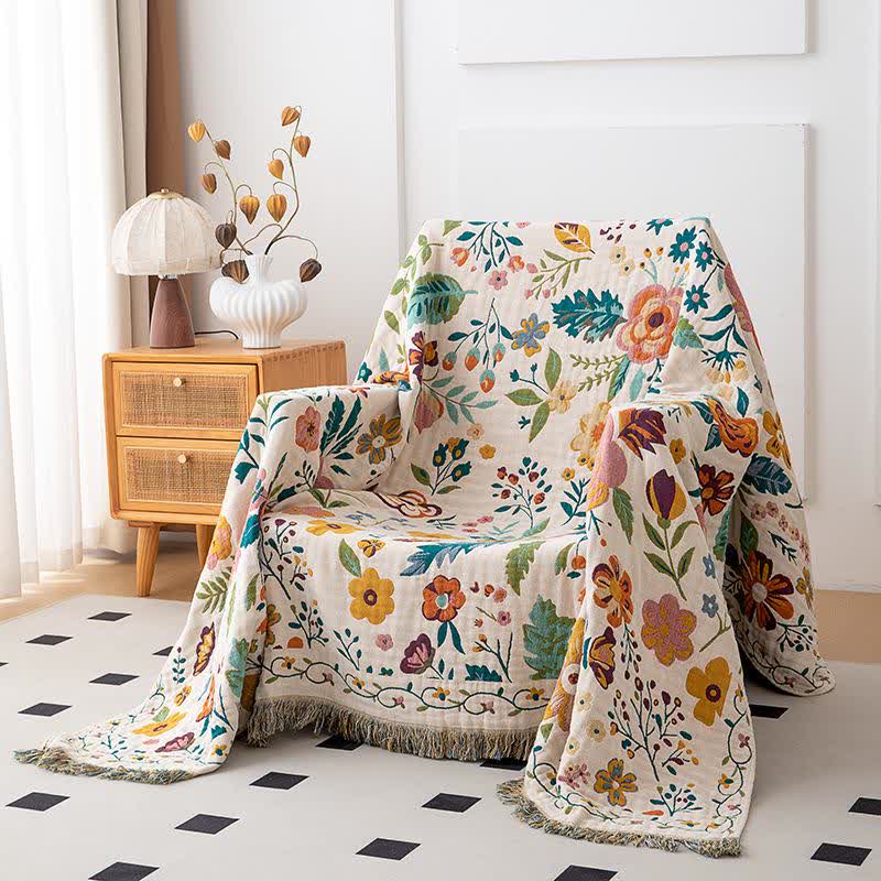 Ownkoti Bunte Baumwoll-Steppdecke mit Blumen- und Blattmotiven und Quasten – ownkoti