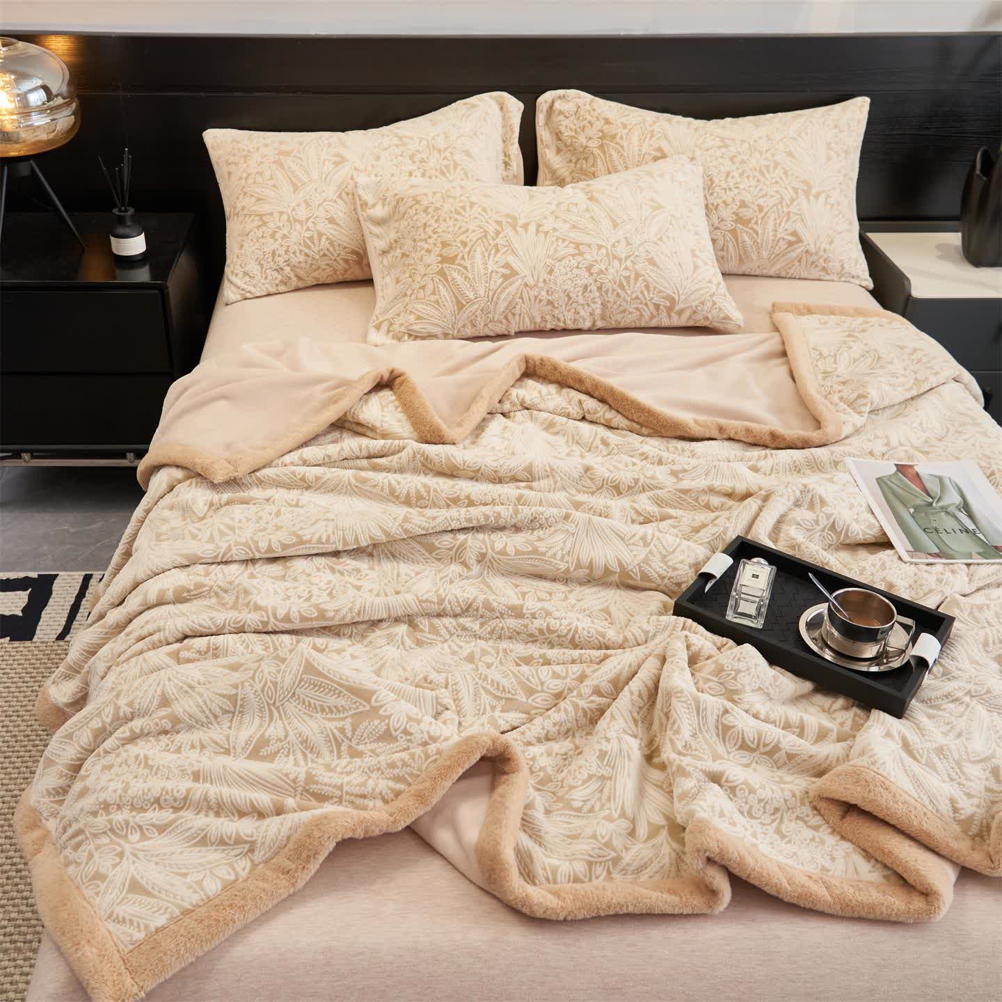 Floral Leaf Textured Warm Throw Blanket - Camel - Queen - image 10