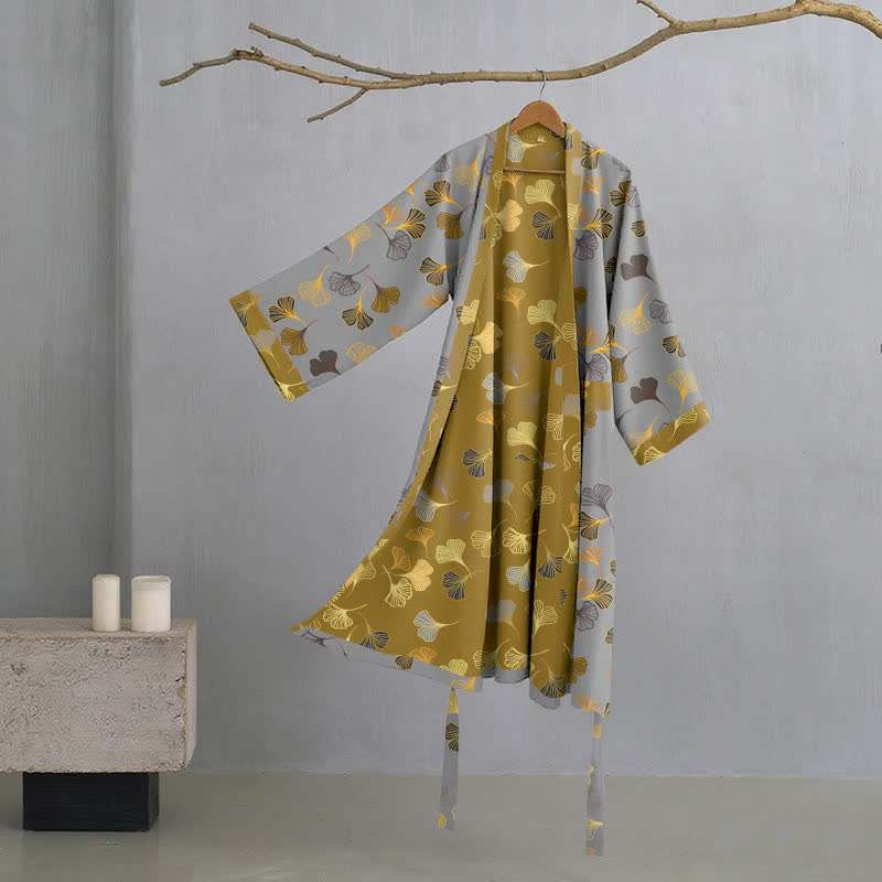 Ownkoti Ginkgo Leaf Cotton Gauze Japanese Robe - Light Grey - 2XL - image 15