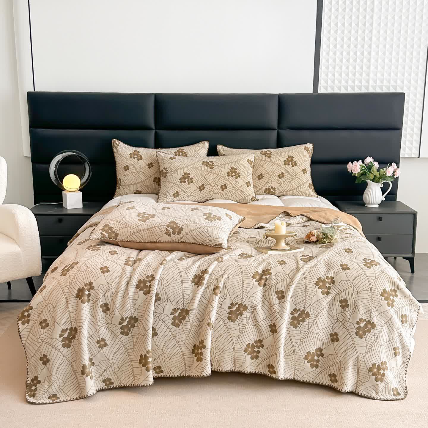 Leaf Floral Jacquard Throw Blanket - 2pcs Pillowcases - Khaki - 19" x 29" - image 0