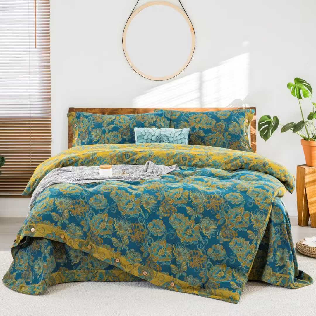 Floral Butterfly Cotton Gauze Bedding Set(4pcs) - Green - King - image 0