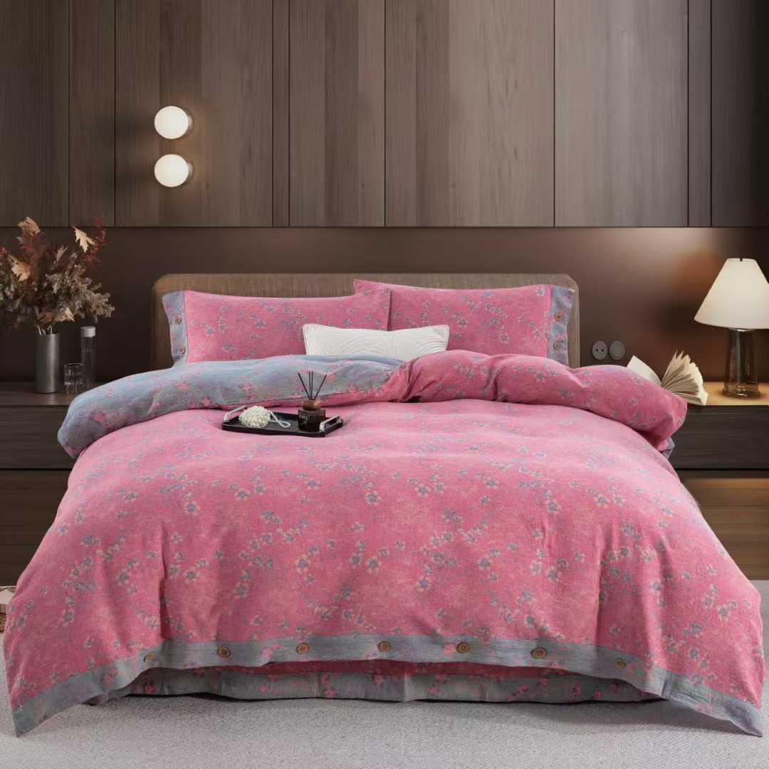 Floral Cotton Gauze Reversible Bedding Set(4pcs) - Pink - King - image 9