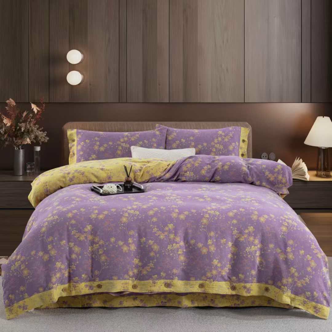 Floral Cotton Gauze Reversible Bedding Set(4pcs) - Purple & Yellow - King - image 11