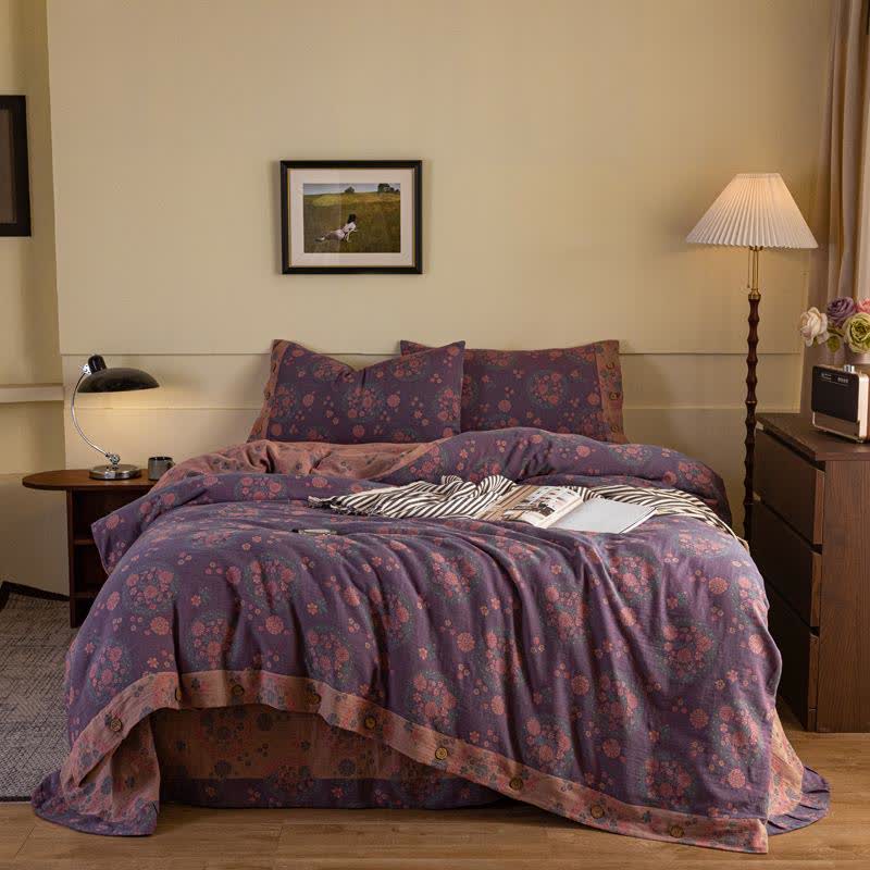 Purple Floral Cotton Gauze Bedding Set(4pcs) - King - image 0