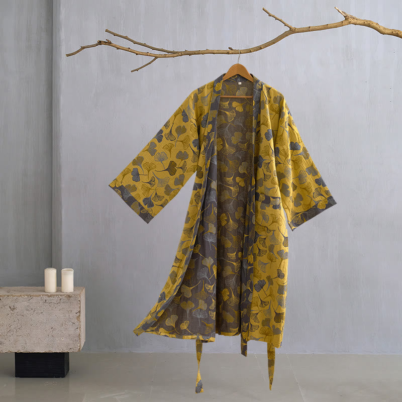 Ownkoti Ginkgo Biloba Cotton Gauze Kimono Robe - Light Yellow - XL - image 29