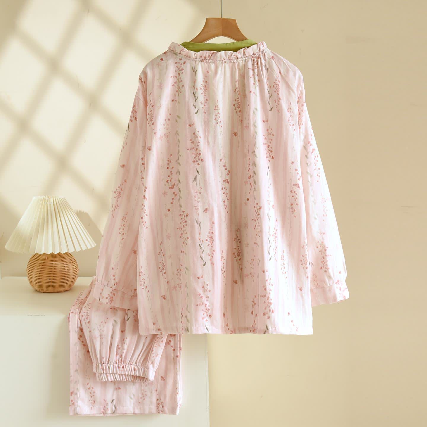 Pink Striped Floral Kimono Loungewear Set - image 1
