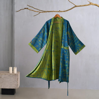 Ownkoti Two-Tone Bamboo Cotton Gauze Kimono Robe - Blue - 2XL - image 14
