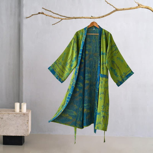 Ownkoti Two-Tone Bamboo Cotton Gauze Kimono Robe - Green - 2XL - image 0