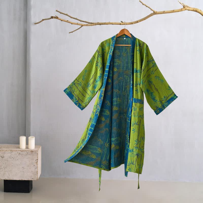 Two-Tone Bamboo Cotton Gauze Kimono Robe - Green - 2XL - image 0