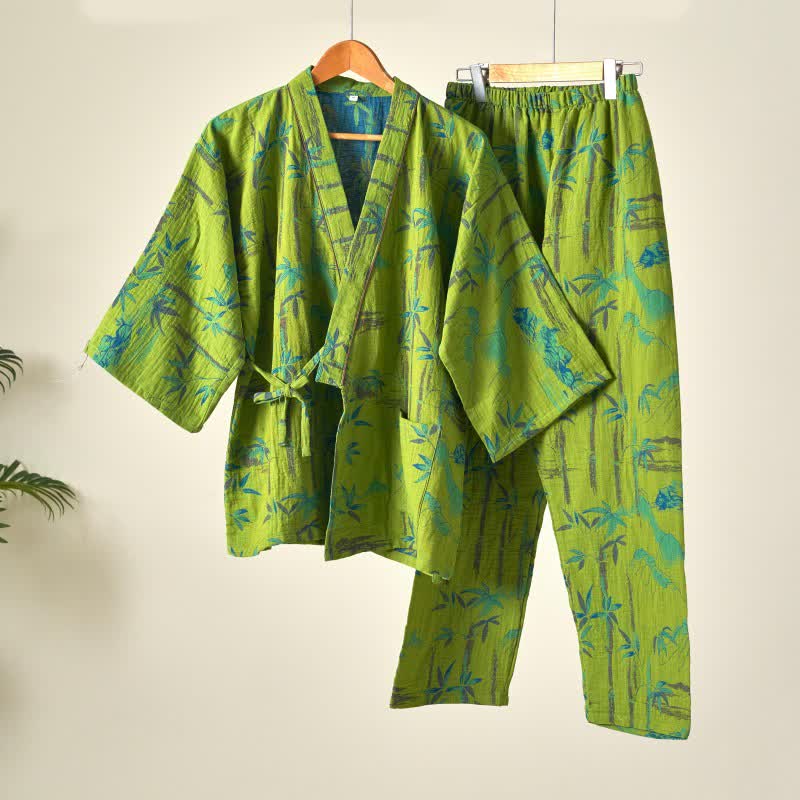 Ownkoti Bamboo Cotton Gauze Kimono Loungewear Set - Green - XL - image 2