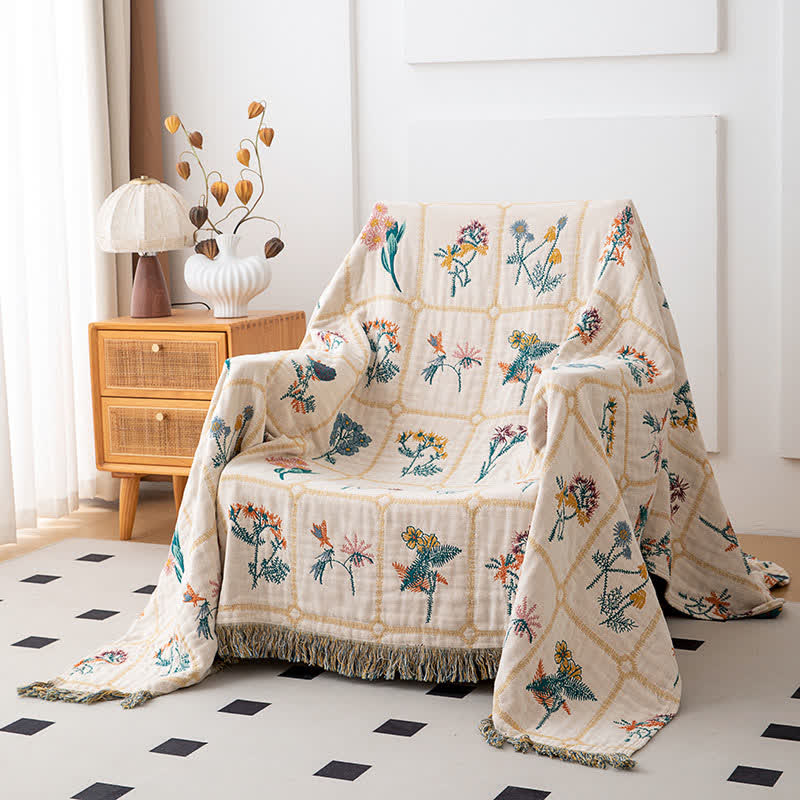 Floral Plaid Natural Cotton Gauze Quilt - image 1