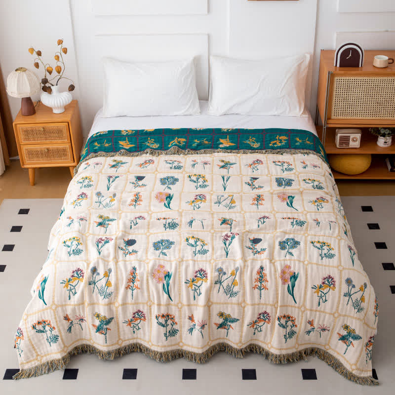 Floral Plaid Natural Cotton Gauze Quilt - Queen - image 0