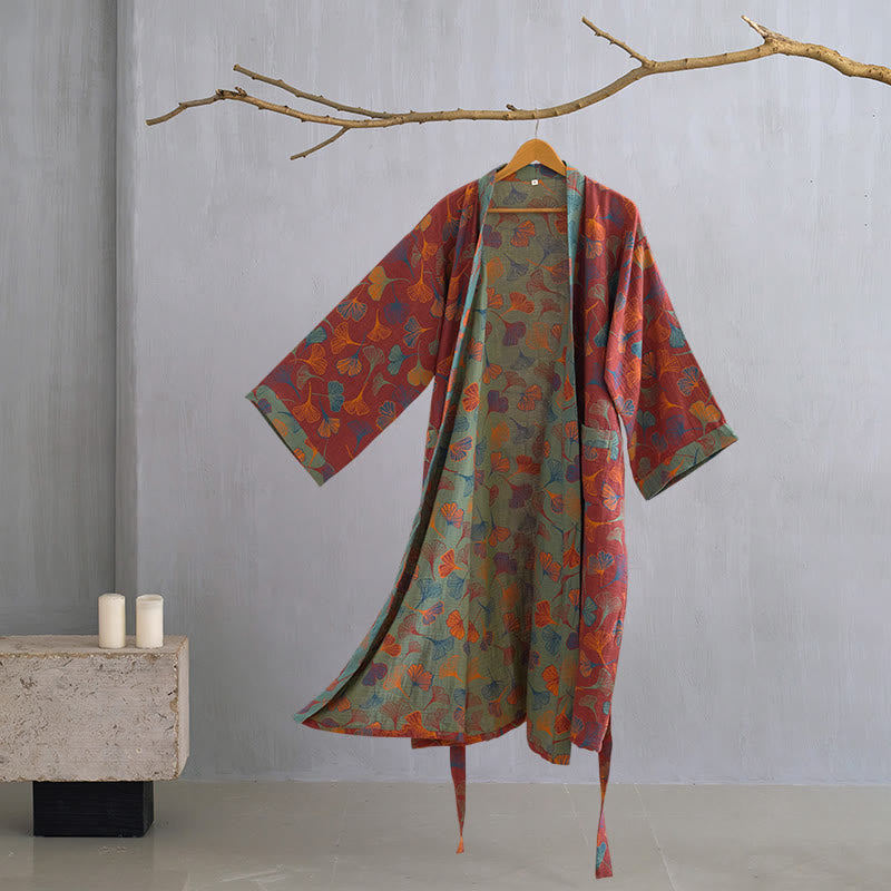 Ownkoti Ginkgo Biloba Cotton Gauze Kimono Robe - Wine - 2XL - image 19