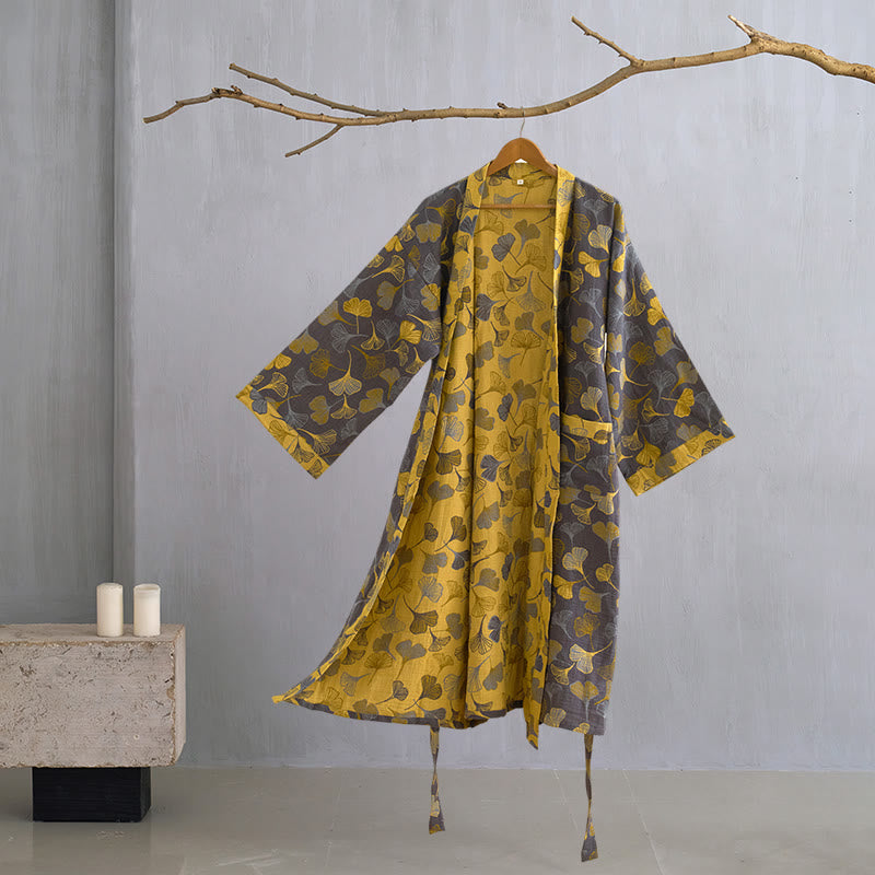 Ownkoti Ginkgo Leaf Cotton Gauze Japanese Robe - Dark Grey - XL - image 23