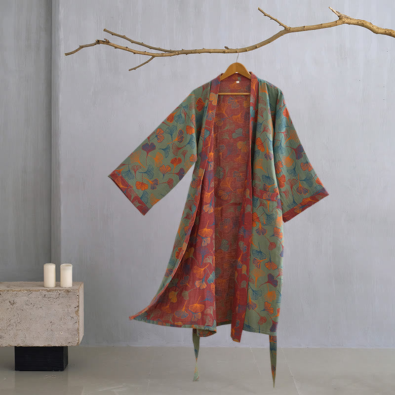 Ownkoti Ginkgo Biloba Cotton Gauze Kimono Robe - Dark Green - XL - image 17