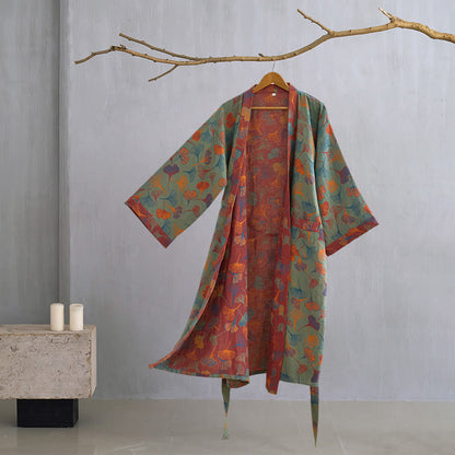 Ownkoti Ginkgo Biloba Cotton Gauze Kimono Robe - Dark Green - XL - image 17