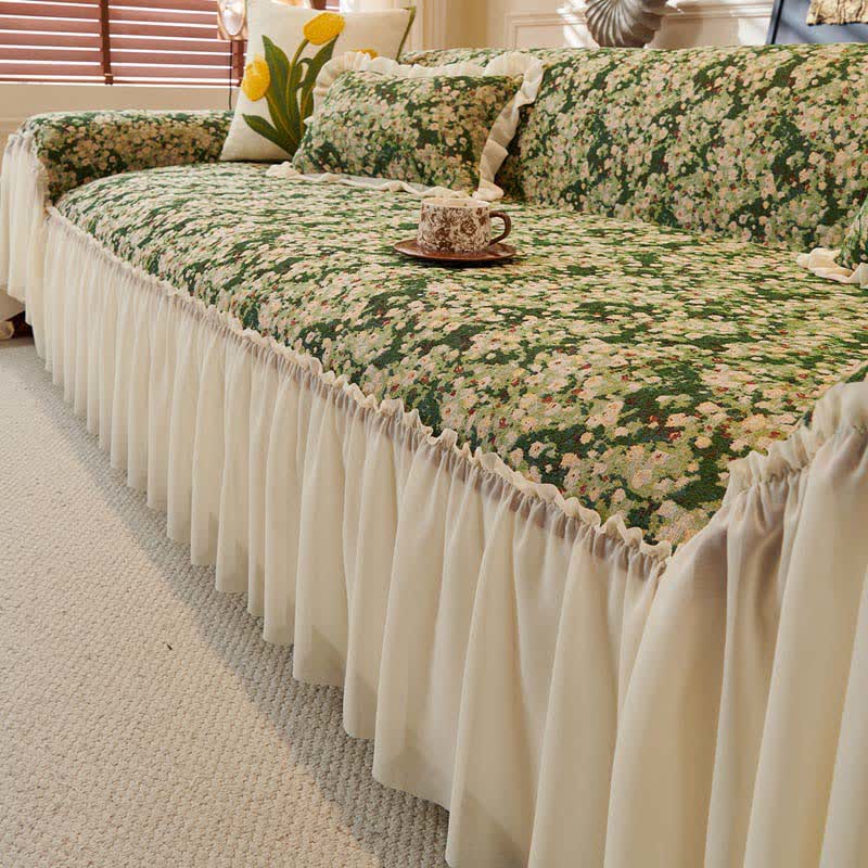 Green Floral Ruffled Sofa Protector - 71" x 134" - image 0