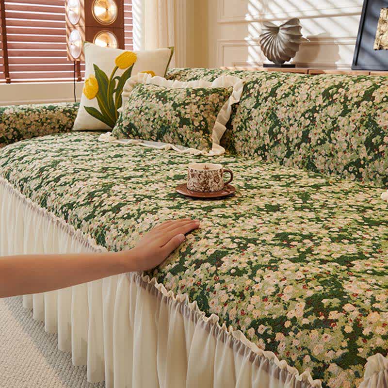 Green Floral Ruffled Sofa Protector - image 4