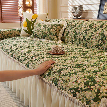 Green Floral Ruffled Sofa Protector - image 4