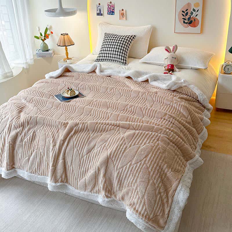 Leaf Textured Sherpa Throw Blanket - Khaki - Queen - image 6