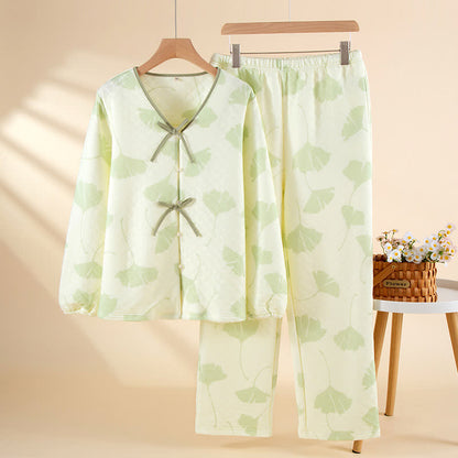 Ginkgo Leaf Cotton Warm Loungewear Set - Green - XL - image 2