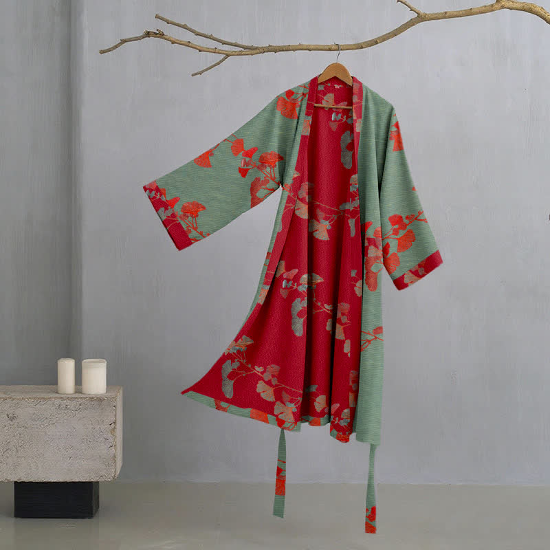 Ownkoti Ginkgo Leaf Organic Cotton Kimono Robe - Green & Red - 2XL - image 18