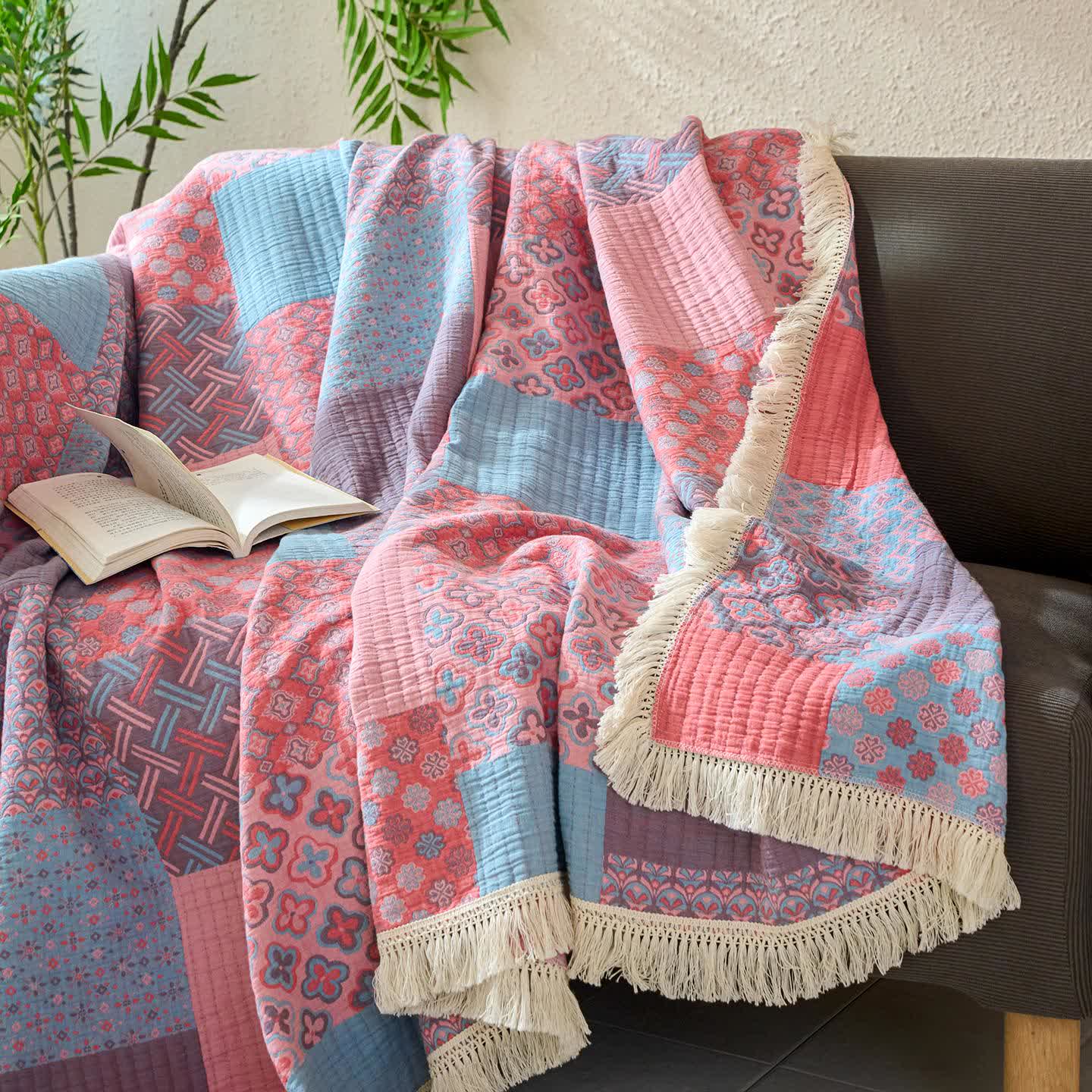 Patchwork Vintage Jacquard Cotton Linen Quilt - image 2