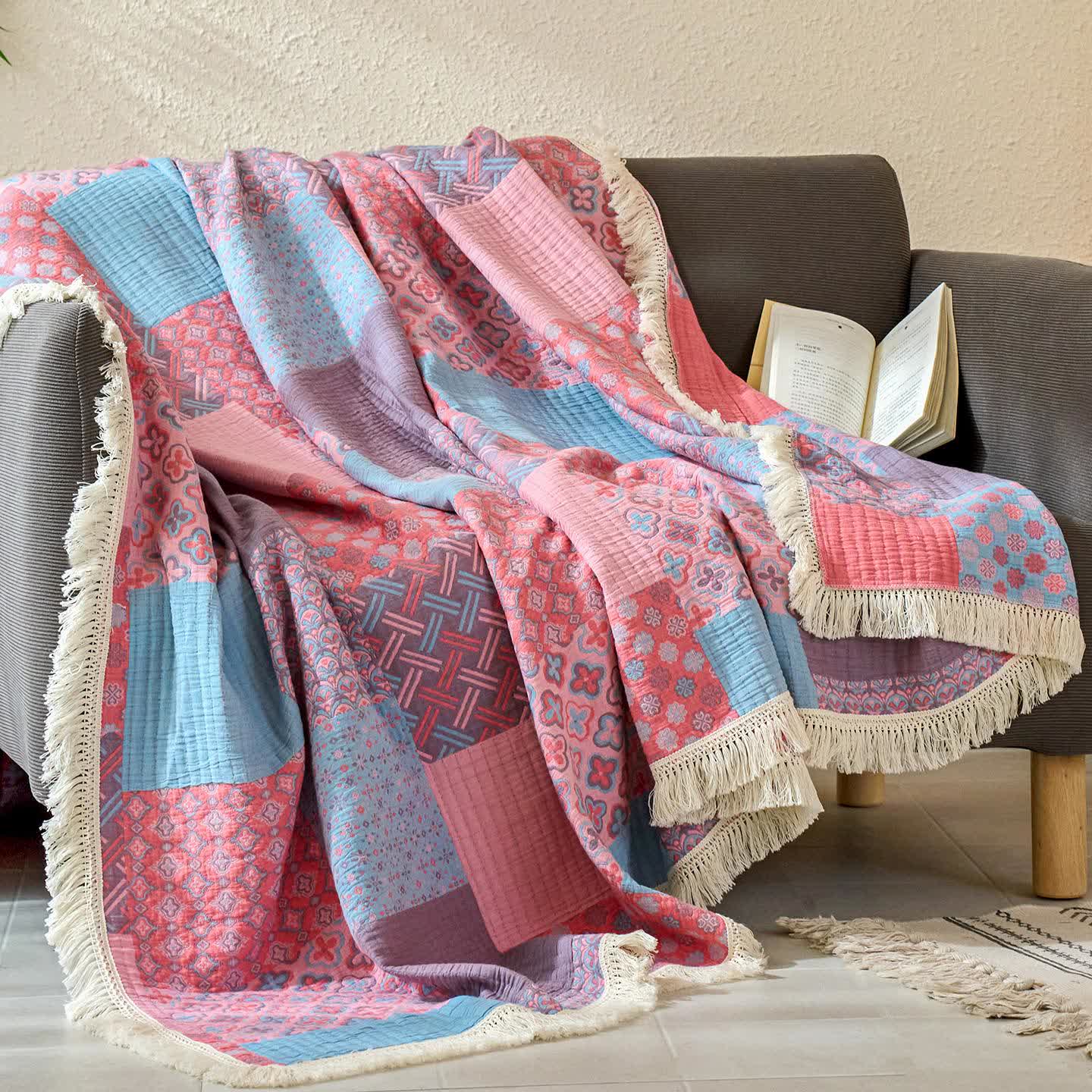 Patchwork Vintage Jacquard Cotton Linen Quilt - image 3