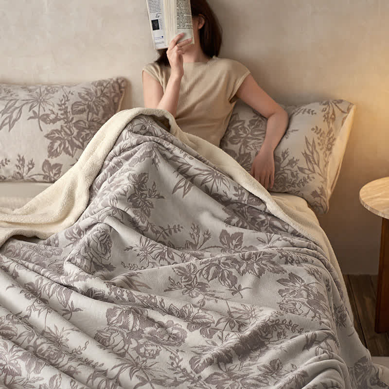 Botanical Floral Jacquard Warm Throw Blanket - Grey - Queen - image 5