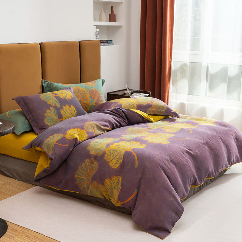 Ginkgo Jacquard Cotton Reversible Bedding Set(4PCS) - Purple & Yellow - King - image 5