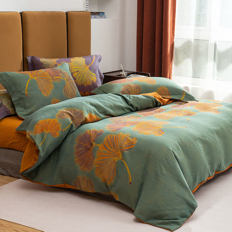 Ginkgo Jacquard Cotton Reversible Bedding Set(4PCS) - Green & Orange - King - image 6