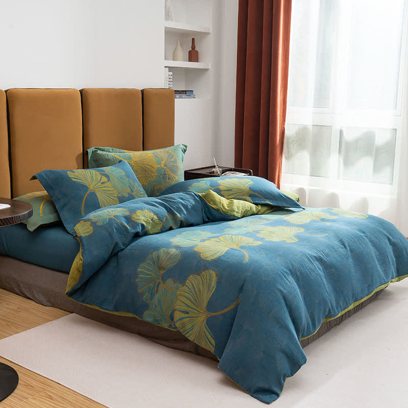 Ginkgo Jacquard Cotton Reversible Bedding Set(4PCS) - Blue & Green - King - image 4