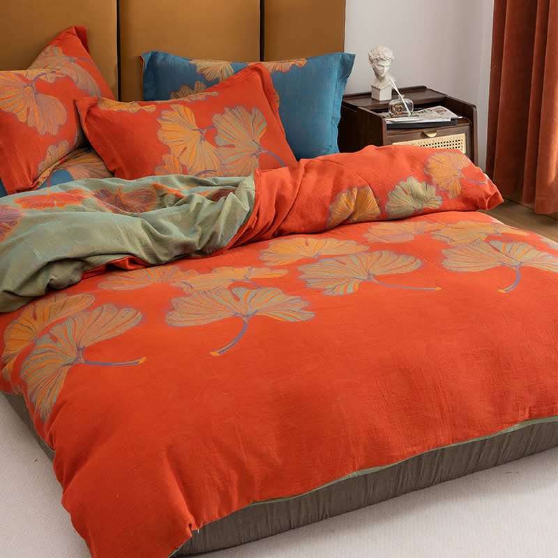 Ginkgo Jacquard Cotton Reversible Bedding Set(4PCS) - Red & Orange - King - image 2