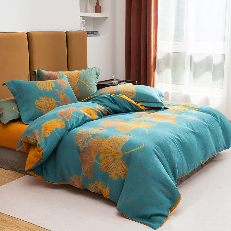 Ginkgo Jacquard Cotton Reversible Bedding Set(4PCS) - Lake Blue & Orange - King - image 7
