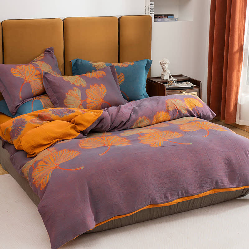 Ginkgo Jacquard Cotton Reversible Bedding Set(4PCS) - Purple & Orange - King - image 1