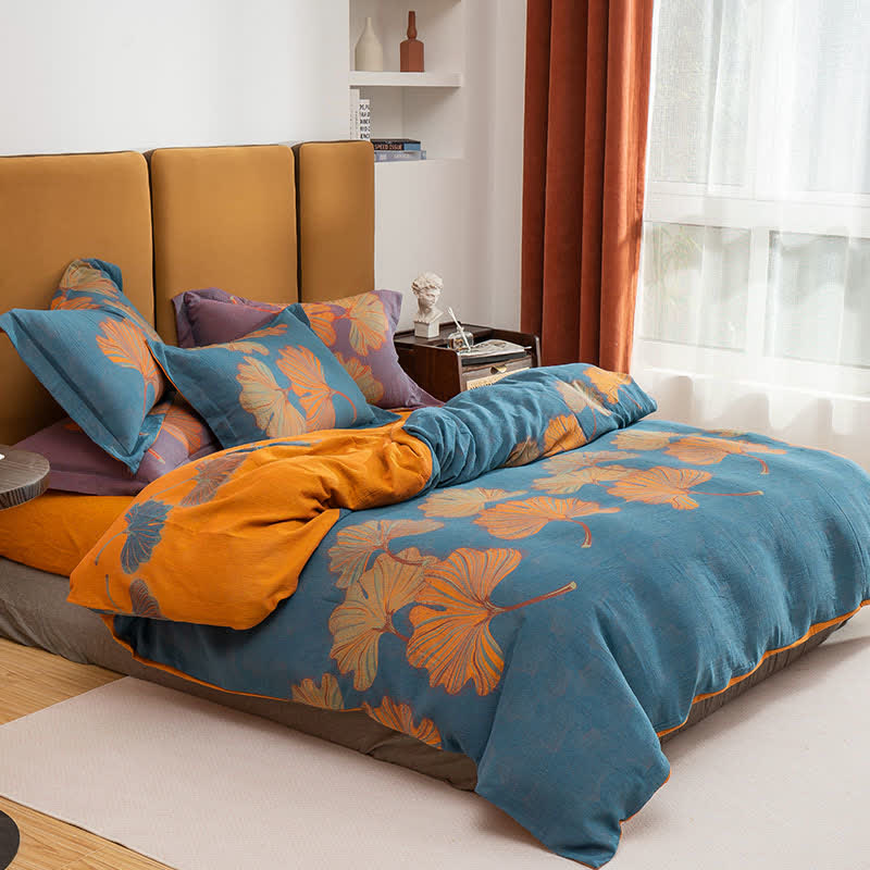 Ginkgo Jacquard Cotton Reversible Bedding Set(4PCS) - Blue & Orange - King - image 3