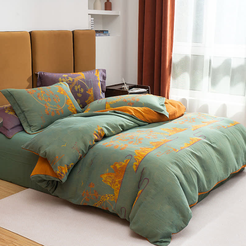 Landscape Jacquard Cotton Reversible Bedding Set(4PCS) - Green & Yellow - King - image 0