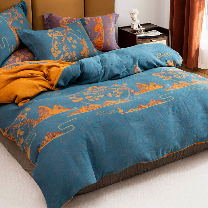 Ownkoti Landscape Jacquard Cotton Reversible Bedding Set(4PCS) - Blue & Orange - Queen - image 0