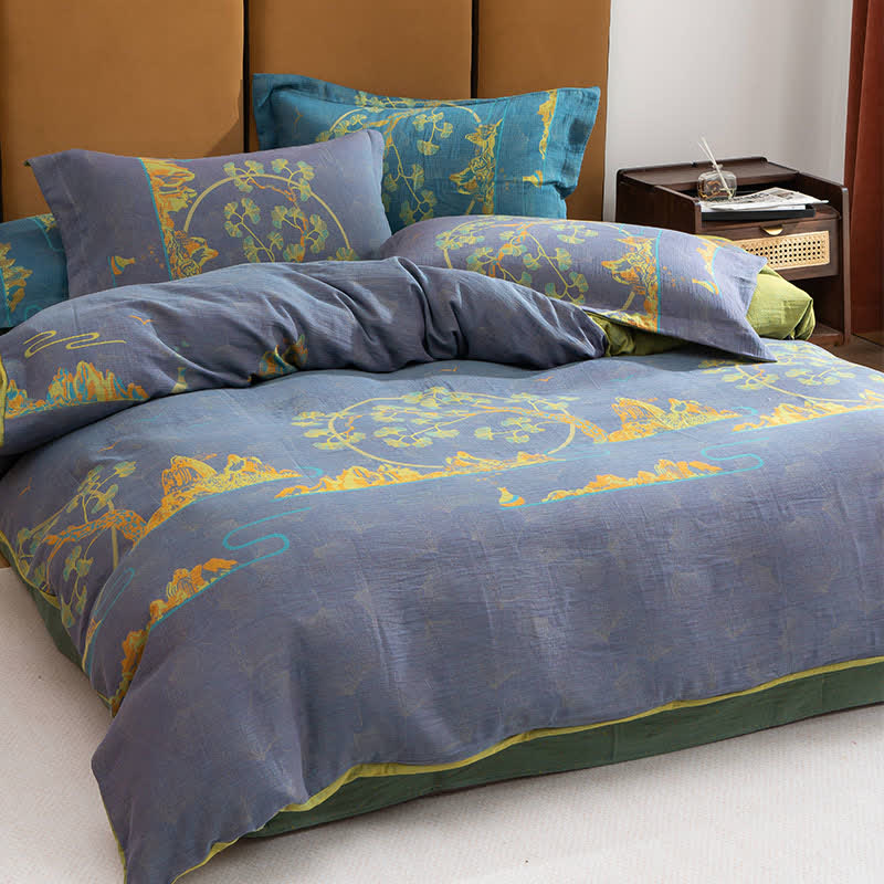 Landscape Jacquard Cotton Reversible Bedding Set(4PCS) - Purple & Cyan - King - image 4
