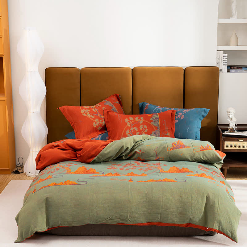 Landscape Jacquard Cotton Reversible Bedding Set(4PCS) - Green & Red - King - image 2