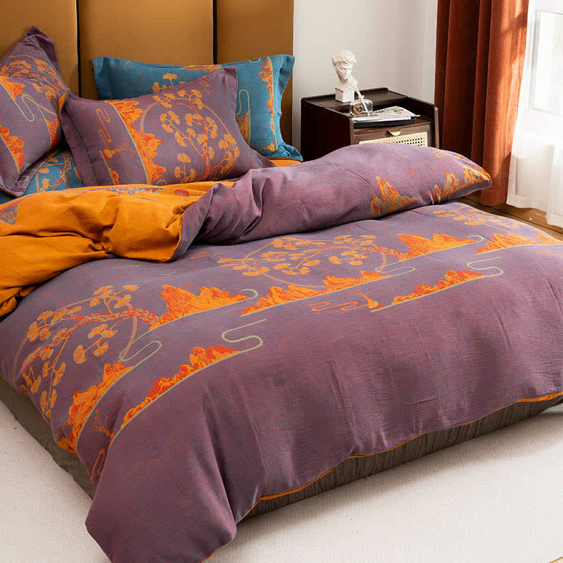 Landscape Jacquard Cotton Reversible Bedding Set(4PCS) - Purple & Orange - King - image 5