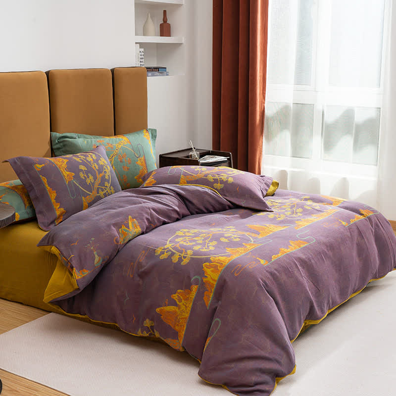 Landscape Jacquard Cotton Reversible Bedding Set(4PCS) - Purple & Yellow - King - image 1