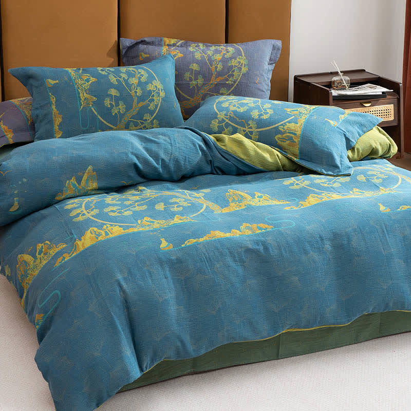 Landscape Jacquard Cotton Reversible Bedding Set(4PCS) - Blue & Green - King - image 3