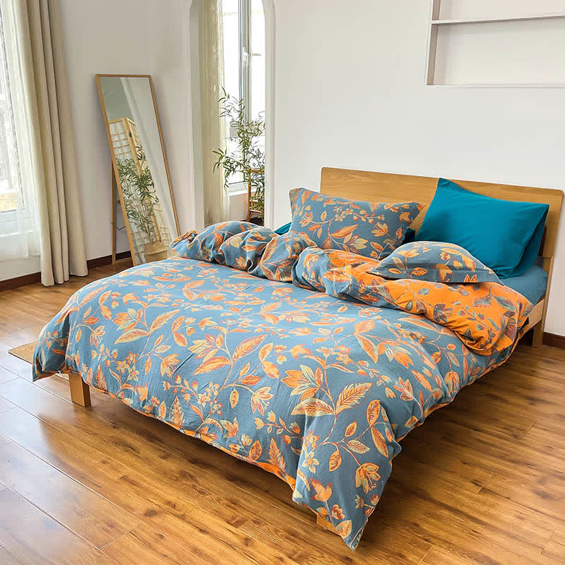 Botanical Leaf Jacquard Cotton Bedding Set(4PCS) - Blue & Orange - King - image 3