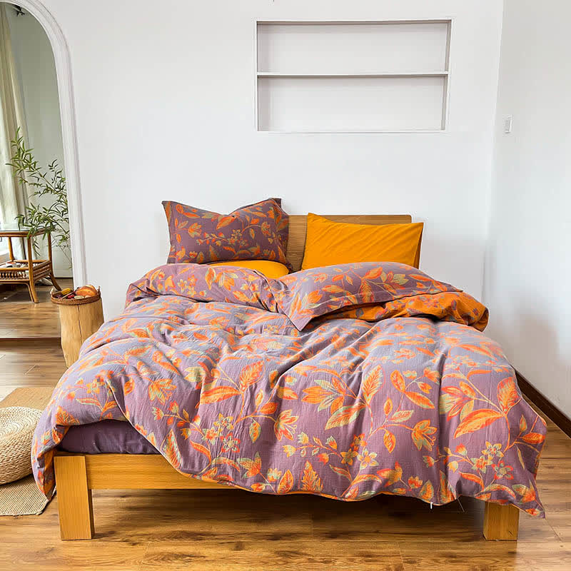 Botanical Leaf Jacquard Cotton Bedding Set(4PCS) - Purple & Orange - King - image 1