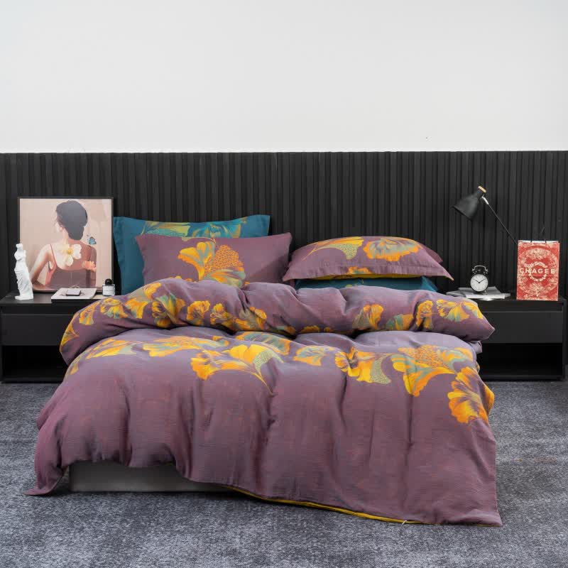 Ginkgo-inspired Cotton Gauze Bedding Set(4pcs) - Purple & Yellow - King - image 16