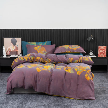 Ginkgo-inspired Cotton Gauze Bedding Set(4pcs) - Purple & Yellow - King - image 16